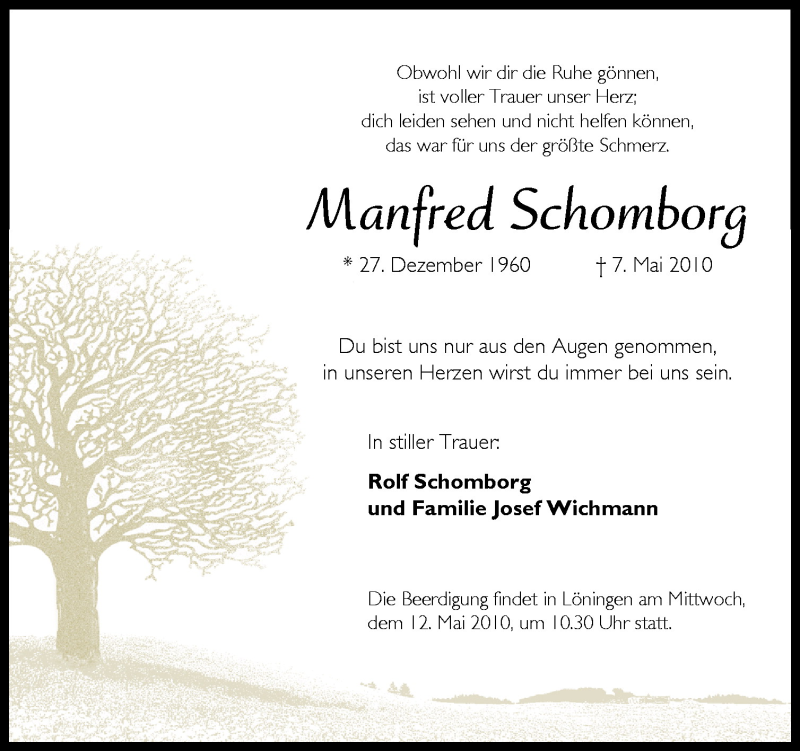  Traueranzeige für Manfred Schomborg vom 08.05.2010 aus Neue Osnabrücker Zeitung GmbH & Co. KG