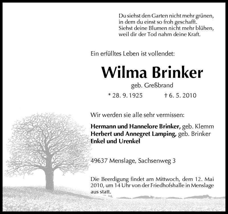  Traueranzeige für Wilma Brinker vom 08.05.2010 aus Neue Osnabrücker Zeitung GmbH & Co. KG