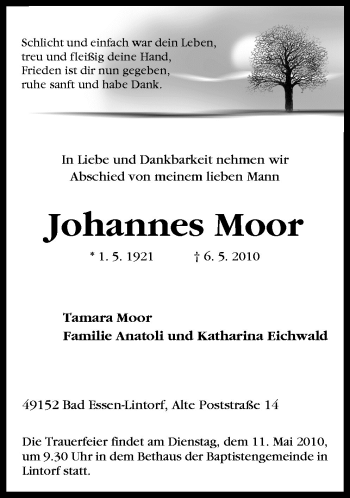 Traueranzeige von Johannes Moor von Neue Osnabrücker Zeitung GmbH & Co. KG