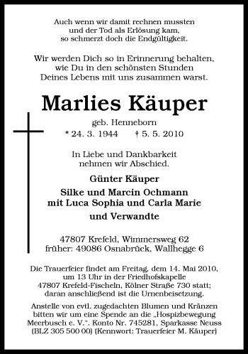 Traueranzeige von Marlies Käuper von Neue Osnabrücker Zeitung GmbH & Co. KG