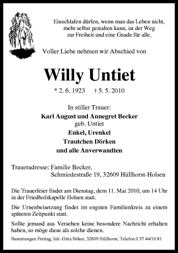 Traueranzeige von Willy Untiet von Neue Osnabrücker Zeitung GmbH & Co. KG