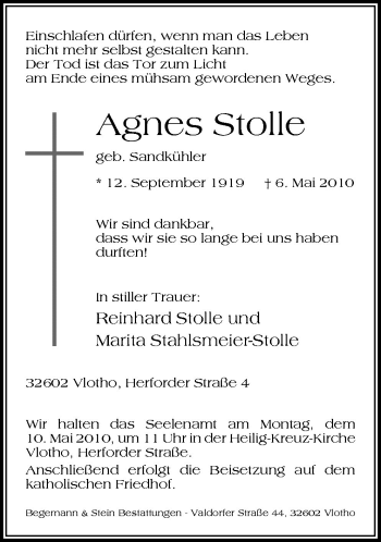 Traueranzeige von Agnes Stolle von Neue Osnabrücker Zeitung GmbH & Co. KG