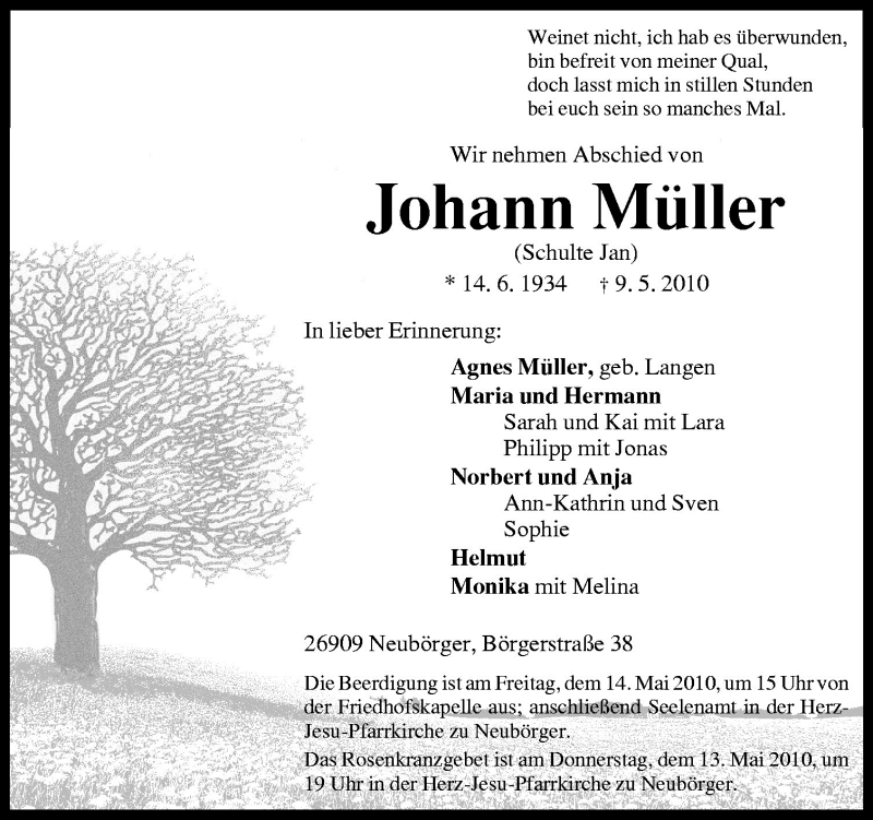  Traueranzeige für Johann Müller vom 11.05.2010 aus Neue Osnabrücker Zeitung GmbH & Co. KG