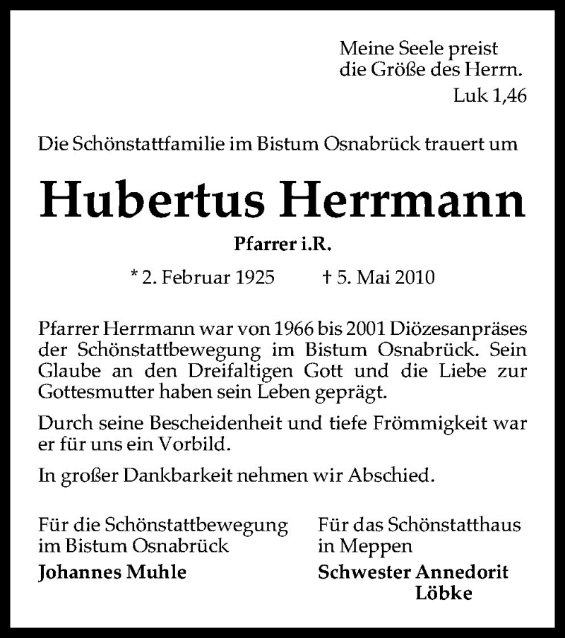  Traueranzeige für Hubertus Herrmann vom 11.05.2010 aus Neue Osnabrücker Zeitung GmbH & Co. KG