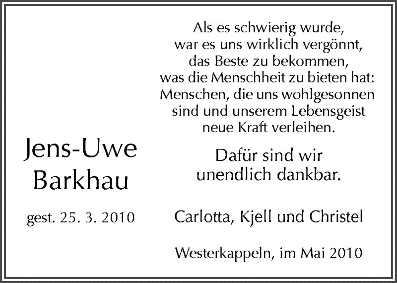  Traueranzeige für Jens-Uwe Barkhau vom 12.05.2010 aus Neue Osnabrücker Zeitung GmbH & Co. KG