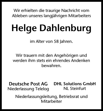 Traueranzeige von Helge Dahlenburg von Neue Osnabrücker Zeitung GmbH & Co. KG