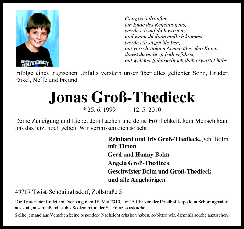  Traueranzeige für Jonas Groß-Thedieck vom 15.05.2010 aus Neue Osnabrücker Zeitung GmbH & Co. KG