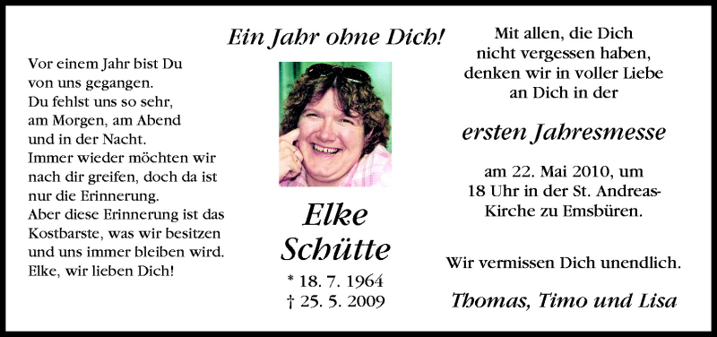  Traueranzeige für Elke Schütte vom 19.05.2010 aus Neue Osnabrücker Zeitung GmbH & Co. KG