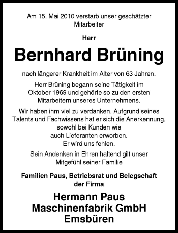 Traueranzeige von Bernhard Brüning von Neue Osnabrücker Zeitung GmbH & Co. KG