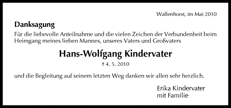  Traueranzeige für Hans-Wolfgang Kindervater vom 28.05.2010 aus Neue Osnabrücker Zeitung GmbH & Co. KG