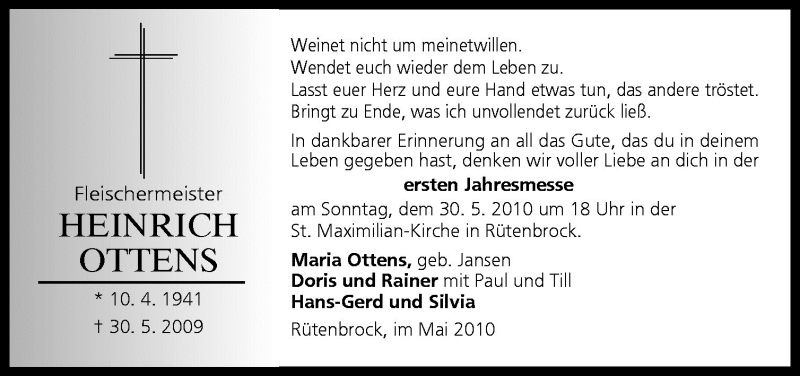  Traueranzeige für Heinrich Ottens vom 26.05.2010 aus Neue Osnabrücker Zeitung GmbH & Co. KG