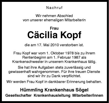 Traueranzeige von Cäcilia Kopf von Neue Osnabrücker Zeitung GmbH & Co. KG