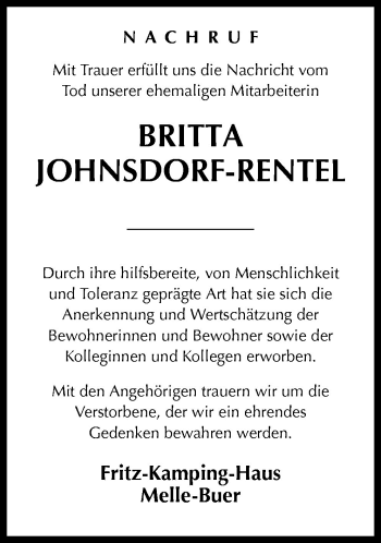 Traueranzeige von Britta Johnsdorf-Rentel von Neue Osnabrücker Zeitung GmbH & Co. KG