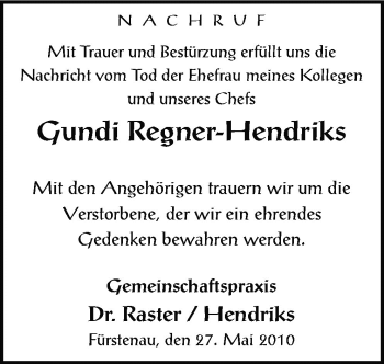 Traueranzeige von Regner-Hendriks Gundi von Neue Osnabrücker Zeitung GmbH & Co. KG
