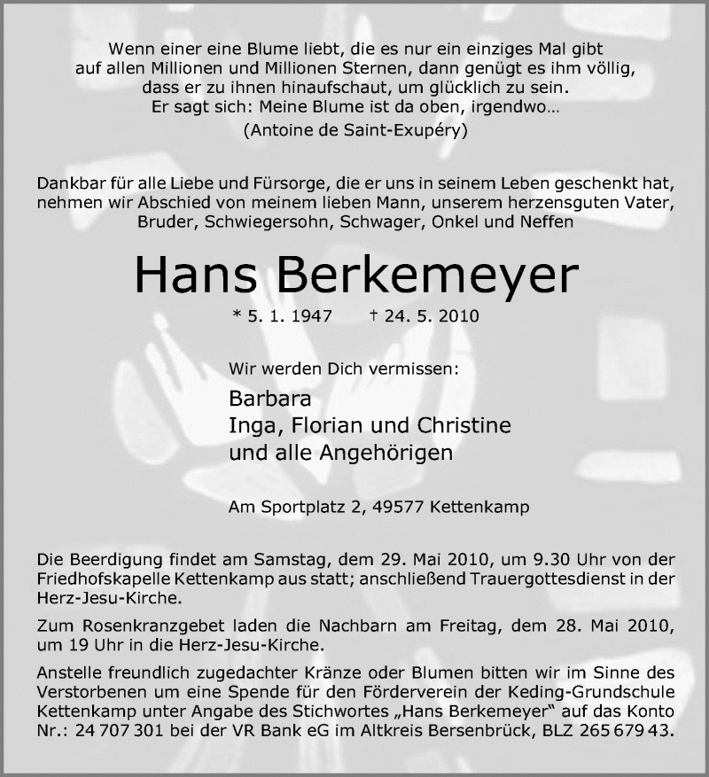  Traueranzeige für Hans Berkemeyer vom 27.05.2010 aus Neue Osnabrücker Zeitung GmbH & Co. KG