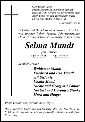 Traueranzeige von Mundt Selma von Neue Osnabrücker Zeitung GmbH & Co. KG