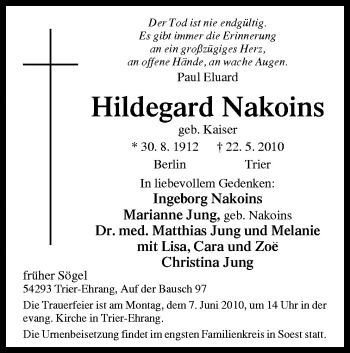 Traueranzeige von Hildegard Nakoins von Neue Osnabrücker Zeitung GmbH & Co. KG
