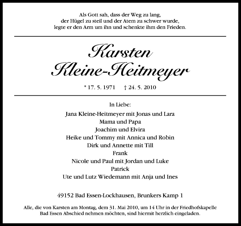  Traueranzeige für Karsten Kleine-Heitmeyer vom 27.05.2010 aus Neue Osnabrücker Zeitung GmbH & Co. KG