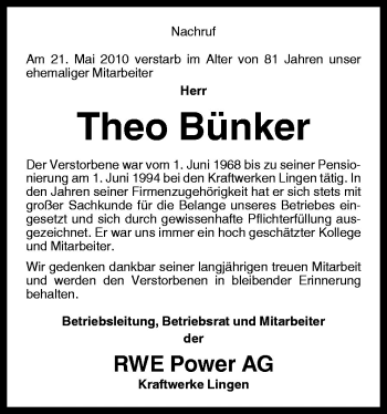 Traueranzeige von Theo Bünker von Neue Osnabrücker Zeitung GmbH & Co. KG