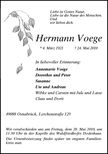 Traueranzeige von Hermann Voege von Neue Osnabrücker Zeitung GmbH & Co. KG