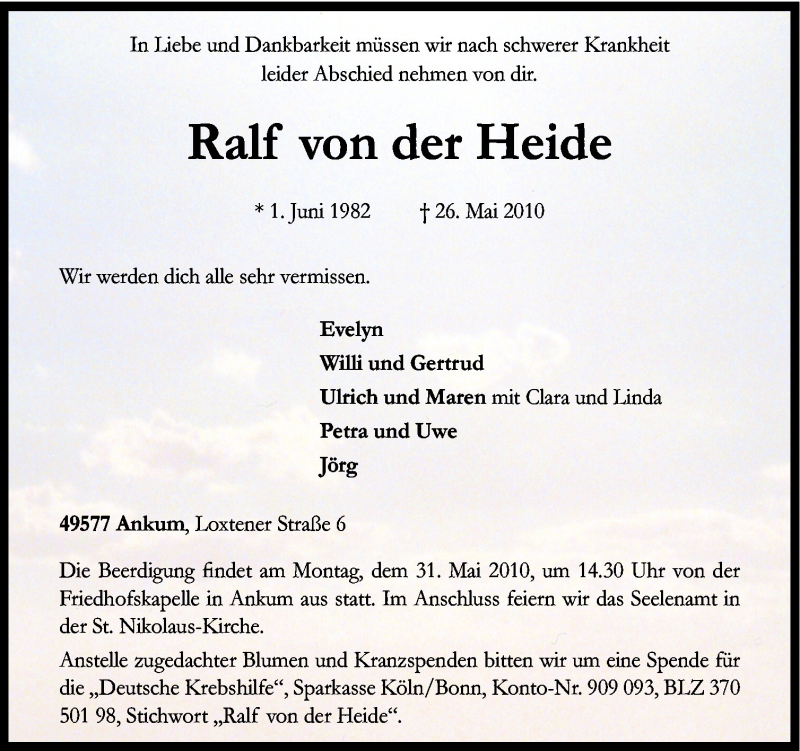  Traueranzeige für Ralf von der Heide vom 29.05.2010 aus Neue Osnabrücker Zeitung GmbH & Co. KG