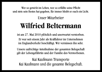 Traueranzeige von Wilfried Beltermann von Neue Osnabrücker Zeitung GmbH & Co. KG