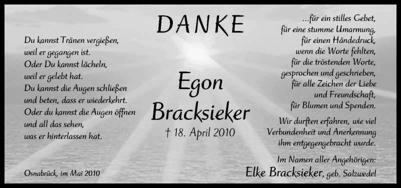  Traueranzeige für Egon Bracksieker vom 29.05.2010 aus Neue Osnabrücker Zeitung GmbH & Co. KG