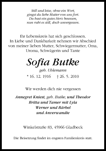 Traueranzeige von Sofia Butke von Neue Osnabrücker Zeitung GmbH & Co. KG
