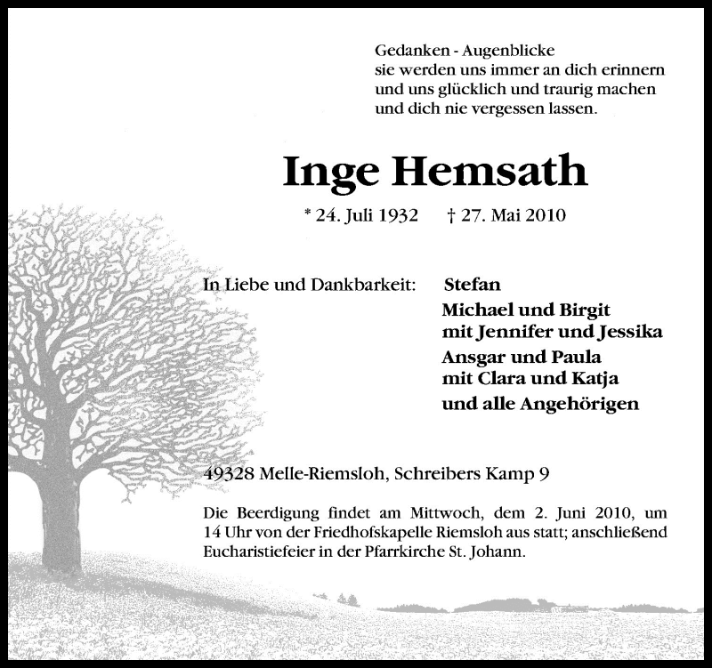  Traueranzeige für Inge Hemsath vom 29.05.2010 aus Neue Osnabrücker Zeitung GmbH & Co. KG