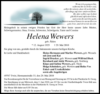 Traueranzeige von Helena Wewers von Neue Osnabrücker Zeitung GmbH & Co. KG