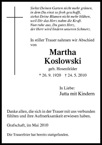 Traueranzeige von Martha Koslowski von Neue Osnabrücker Zeitung GmbH & Co. KG