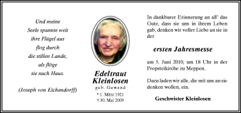 Traueranzeige von Edeltraut Kleinlosen von Neue Osnabrücker Zeitung GmbH & Co. KG