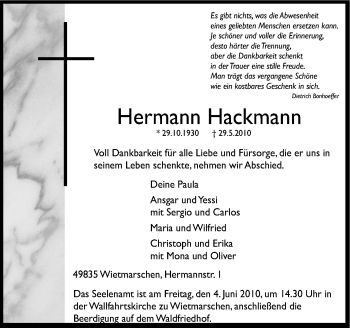 Traueranzeige von Hermann Hackmann von Neue Osnabrücker Zeitung GmbH & Co. KG