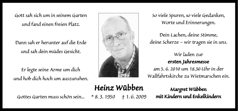  Traueranzeige für Heinz Wübben vom 01.06.2010 aus Neue Osnabrücker Zeitung GmbH & Co. KG