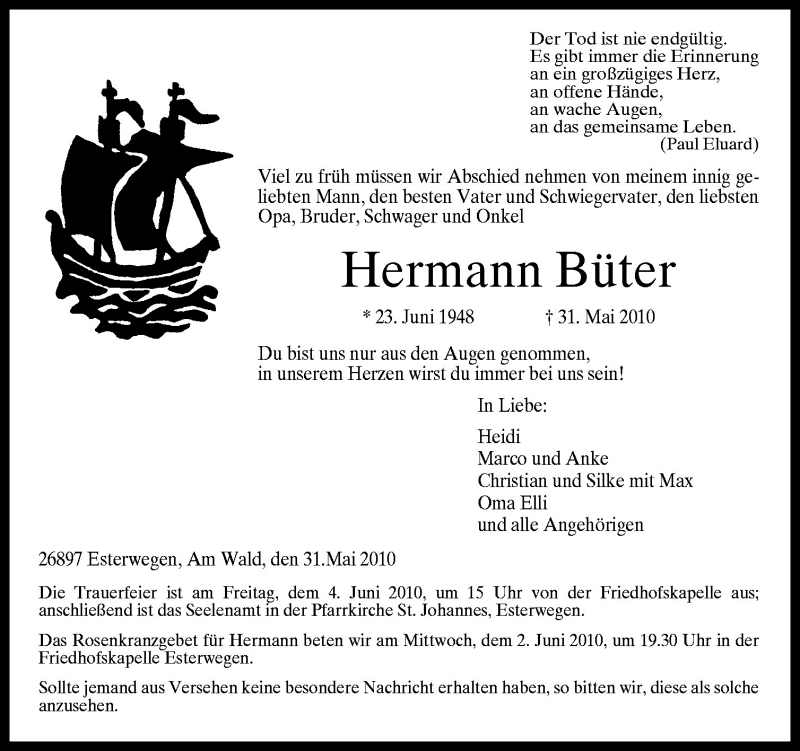 Traueranzeigen von Hermann Büter noz Trauerportal