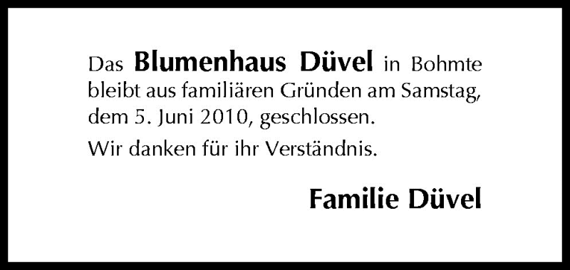  Traueranzeige für Bernhard Düvel vom 01.06.2010 aus Neue Osnabrücker Zeitung GmbH & Co. KG