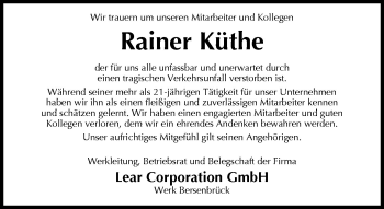 Traueranzeige von Rainer Küthe von Neue Osnabrücker Zeitung GmbH & Co. KG