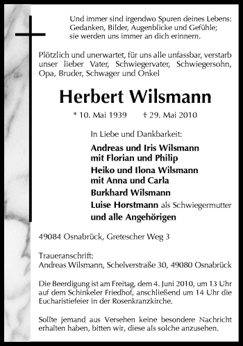 Traueranzeige von Herbert Wilsmann von Neue Osnabrücker Zeitung GmbH & Co. KG