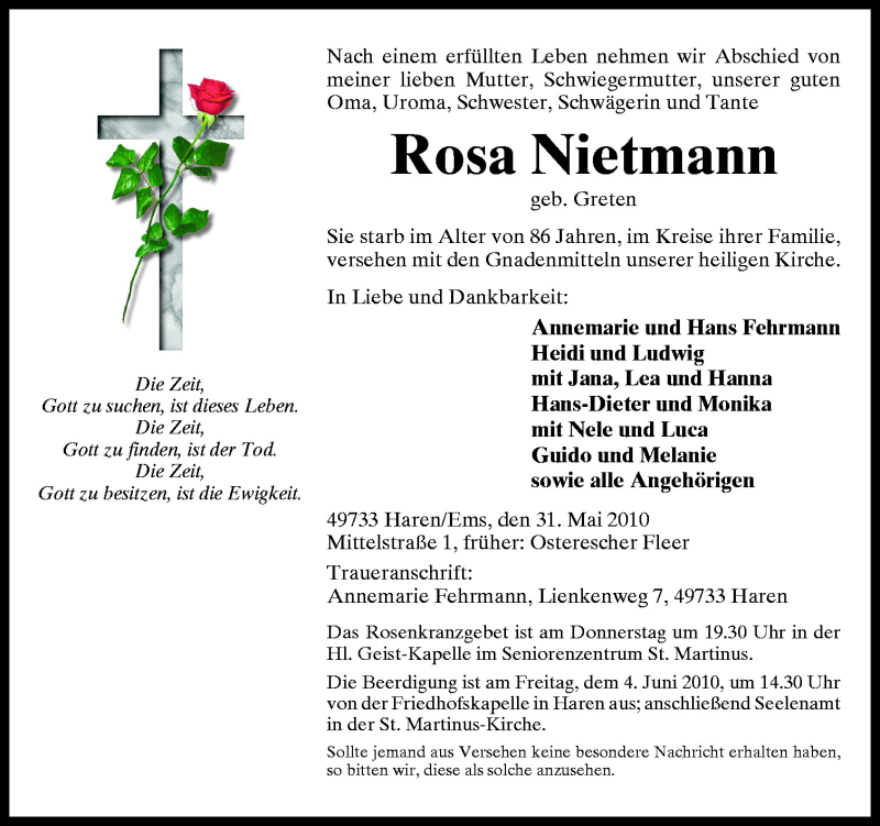  Traueranzeige für Rosa Nietmann vom 02.06.2010 aus Neue Osnabrücker Zeitung GmbH & Co. KG