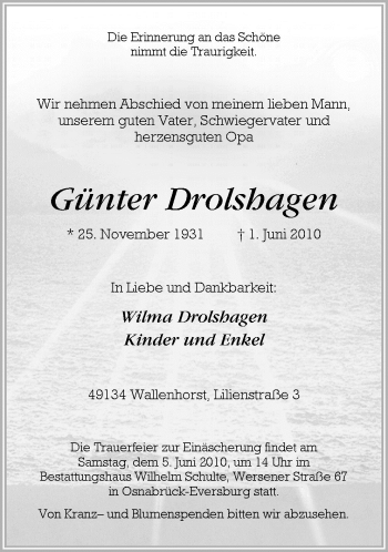 Traueranzeige von Günter Drolshagen von Neue Osnabrücker Zeitung GmbH & Co. KG