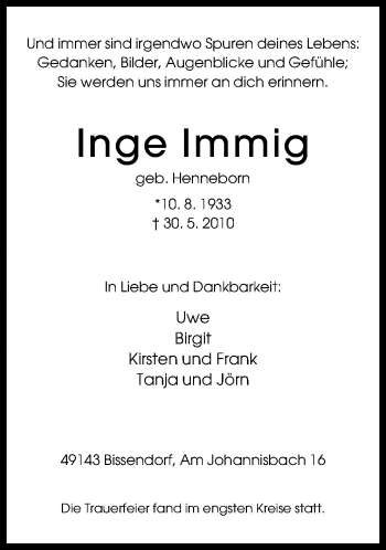 Traueranzeige von Inge Immig von Neue Osnabrücker Zeitung GmbH & Co. KG