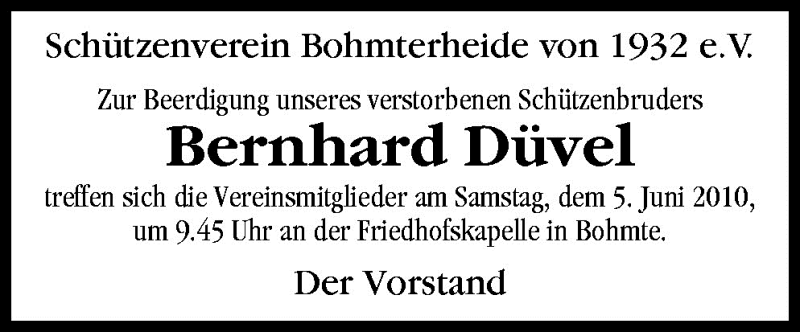  Traueranzeige für Bernhard Düvel vom 04.06.2010 aus Neue Osnabrücker Zeitung GmbH & Co. KG