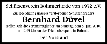 Traueranzeige von Bernhard Düvel von Neue Osnabrücker Zeitung GmbH & Co. KG
