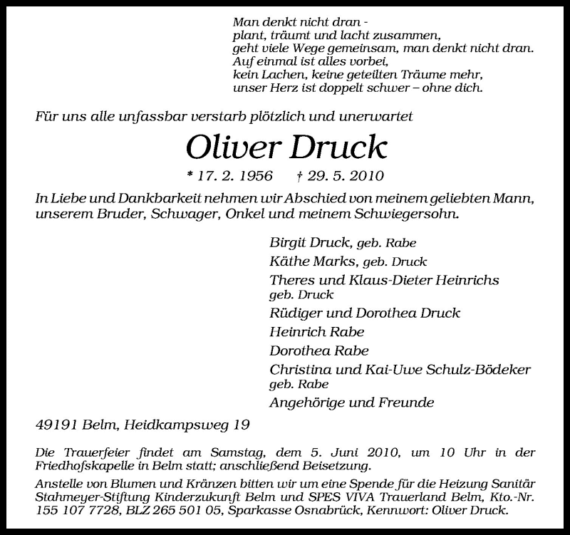  Traueranzeige für Oliver Druck vom 02.06.2010 aus Neue Osnabrücker Zeitung GmbH & Co. KG