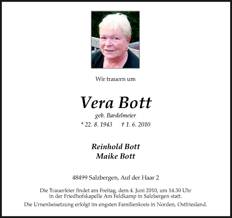  Traueranzeige für Bott Vera vom 03.06.2010 aus Neue Osnabrücker Zeitung GmbH & Co. KG