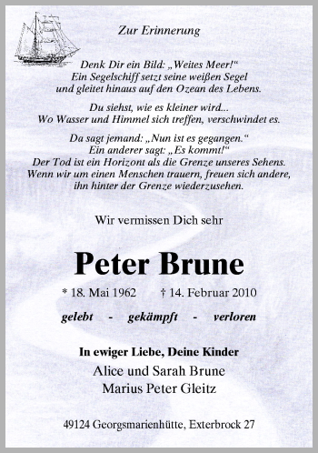 Traueranzeige von Peter Brune von Neue Osnabrücker Zeitung GmbH & Co. KG