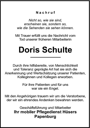 Traueranzeige von Doris Schulte von Neue Osnabrücker Zeitung GmbH & Co. KG