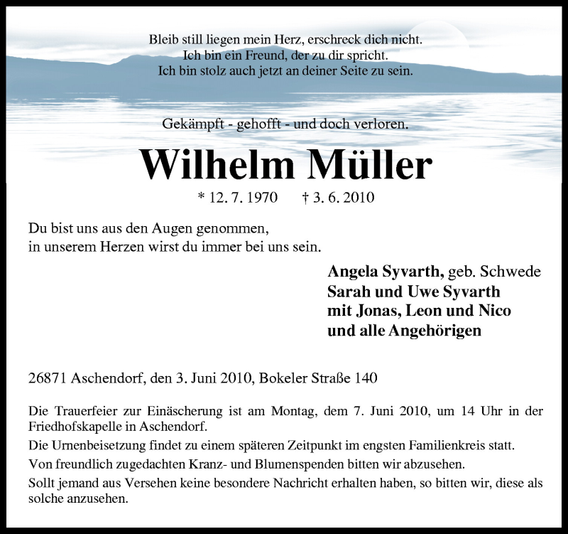  Traueranzeige für Wilhelm Müller vom 05.06.2010 aus Neue Osnabrücker Zeitung GmbH & Co. KG