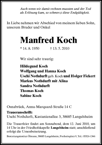 Traueranzeige von Manfred Koch von Neue Osnabrücker Zeitung GmbH & Co. KG