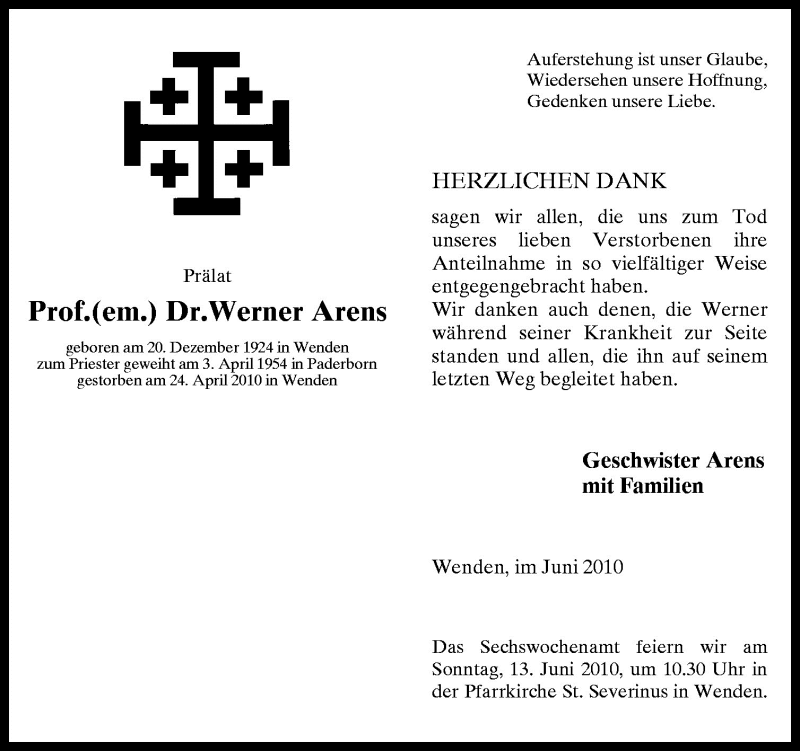  Traueranzeige für Werner Arens vom 07.06.2010 aus Neue Osnabrücker Zeitung GmbH & Co. KG